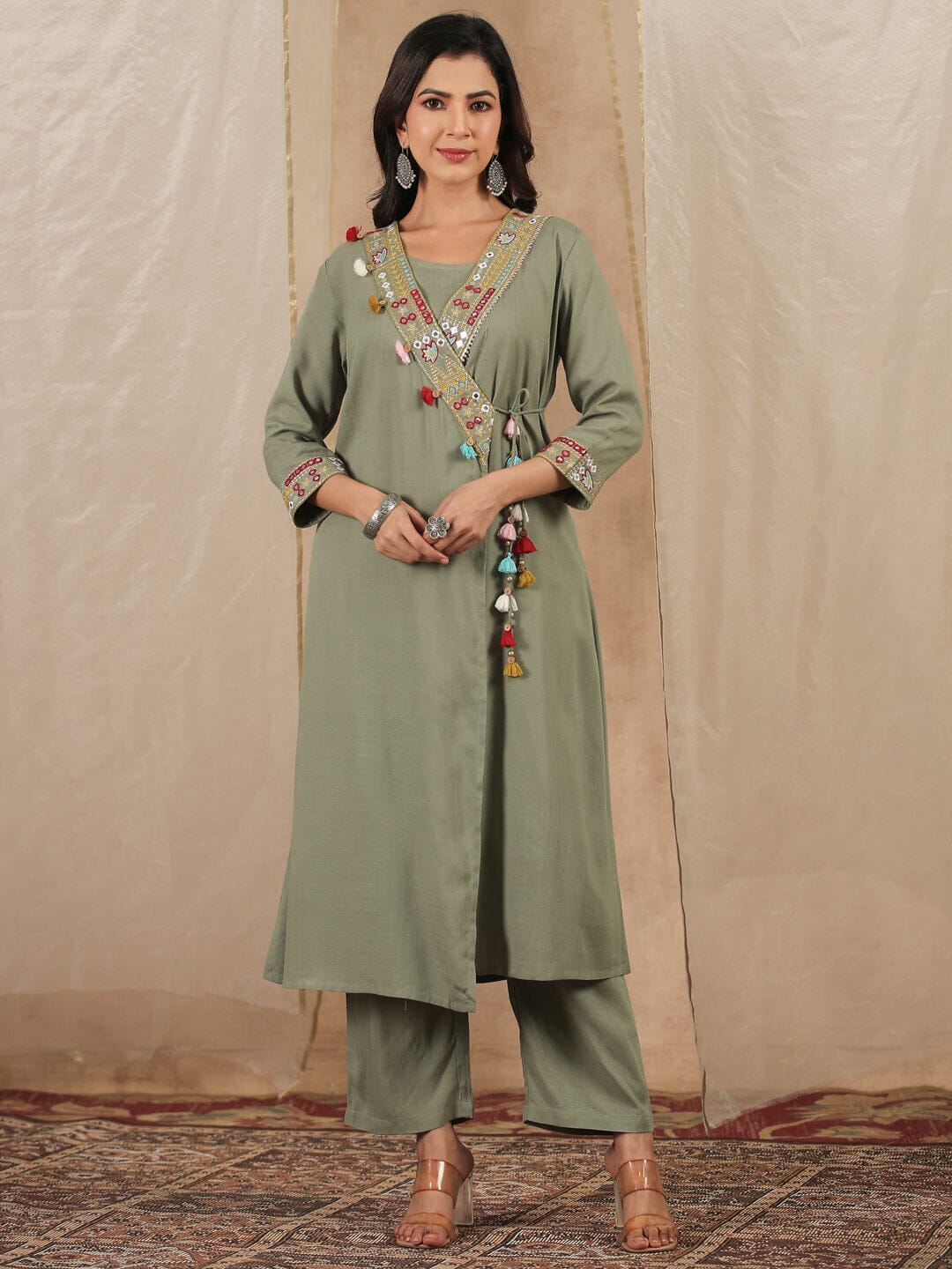 Green A-Line Angrakha Rayon Slub 3 pcs Kurta Set Kurti Dupatta set Pant Rangdeep-Fashions 