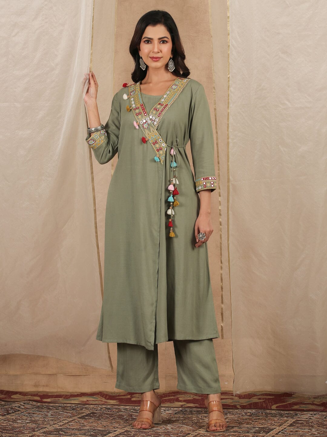 Green A-Line Angrakha Rayon Slub 3 pcs Kurta Set Kurti Dupatta set Pant Rangdeep-Fashions 