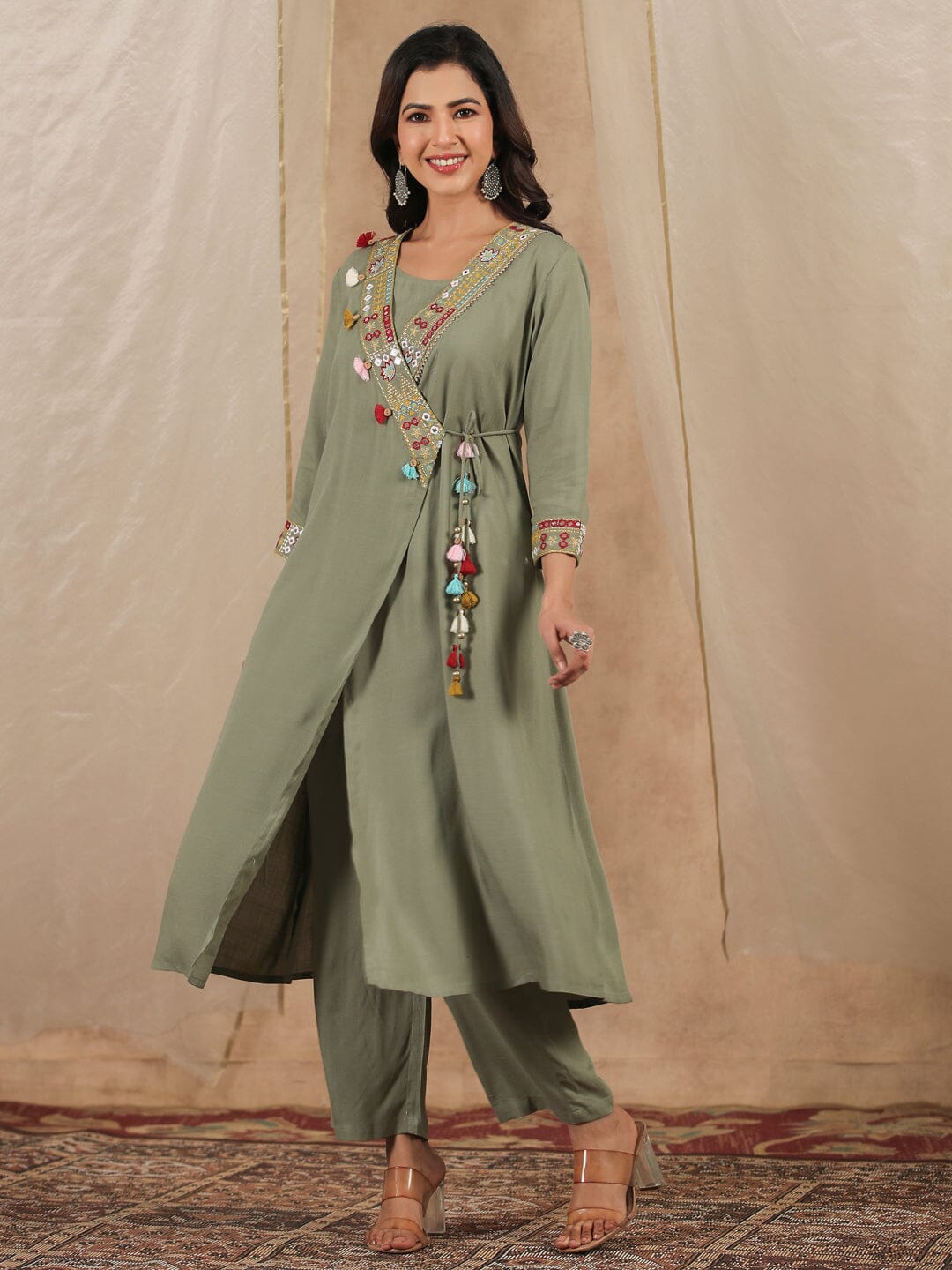 Green A-Line Angrakha Rayon Slub 3 pcs Kurta Set Kurti Dupatta set Pant Rangdeep-Fashions 