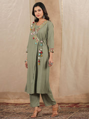 Green A-Line Angrakha Rayon Slub 3 pcs Kurta Set Kurti Dupatta set Pant Rangdeep-Fashions 