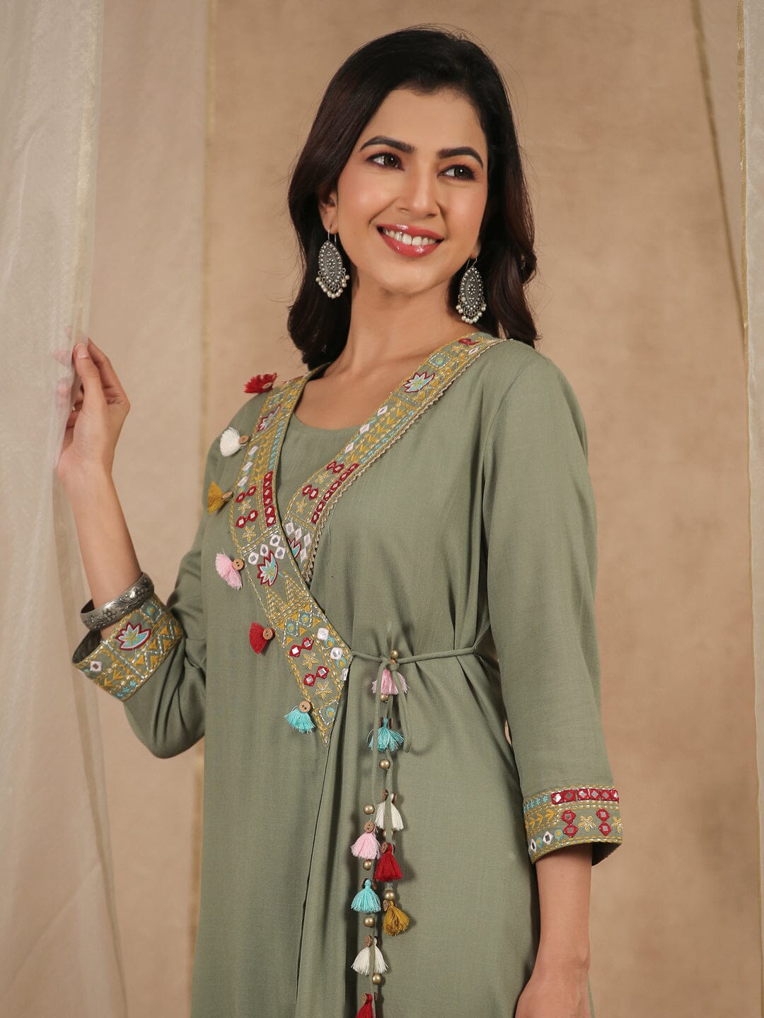 Green A-Line Angrakha Rayon Slub 3 pcs Kurta Set Kurti Dupatta set Pant Rangdeep-Fashions 