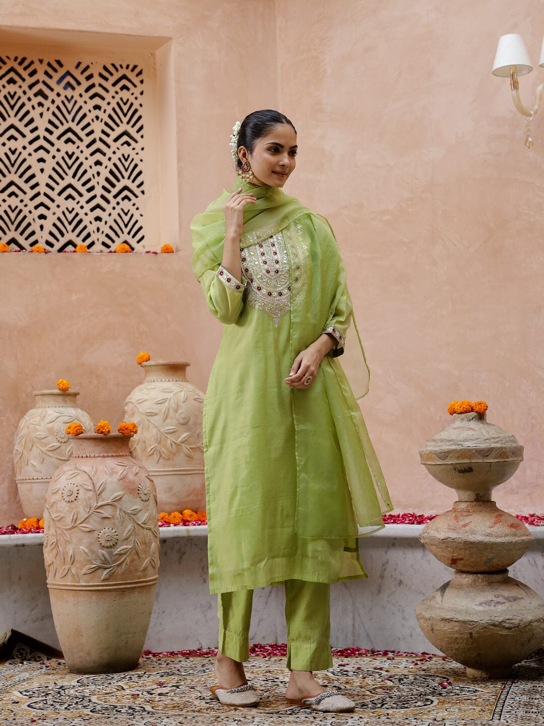 Green Embroidered Kurta Set for Women Kurta set Rangdeep-Fashions 