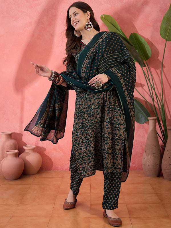 Green Floral Printed Kurta Set for Women Kurta set Rangdeep-Fashions 