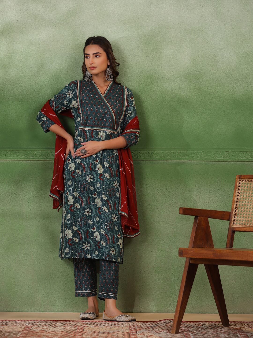 Green Floral Printed Kurta Set with Dupatta Kurta set Rangdeep-Fashions 