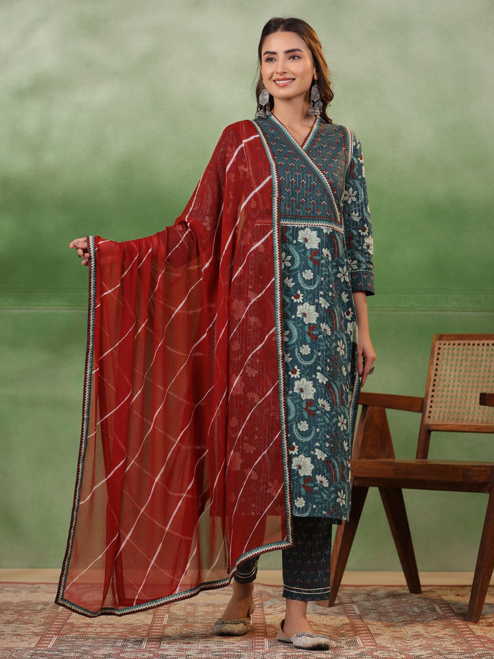 Green Floral Printed Kurta Set with Dupatta Kurta set Rangdeep-Fashions 