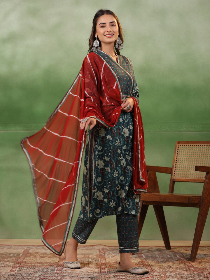 Green Floral Printed Kurta Set with Dupatta Kurta set Rangdeep-Fashions 