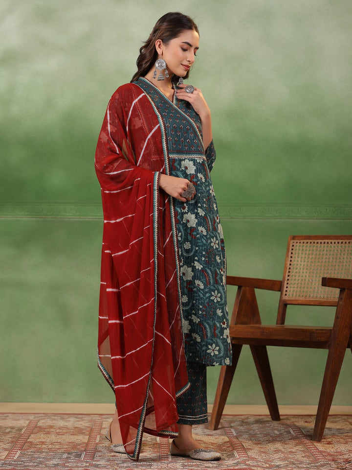 Green Floral Printed Kurta Set with Dupatta Kurta set Rangdeep-Fashions 