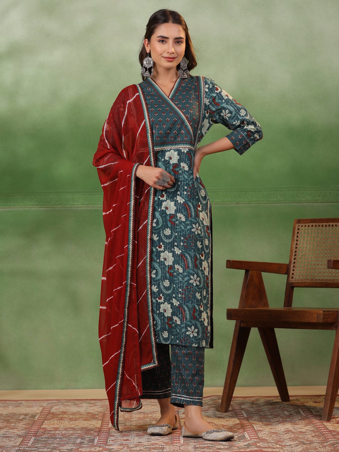 Green Floral Printed Kurta Set with Dupatta Kurta set Rangdeep-Fashions 