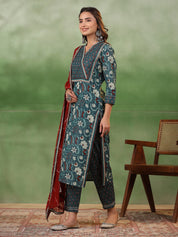 Green Floral Printed Kurta Set with Dupatta Kurta set Rangdeep-Fashions 