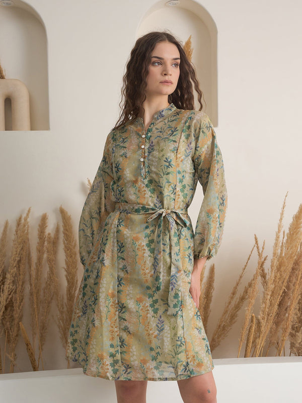 Green Floral Printed Round Neck Dress with inner dress Rangdeep-Fashions 