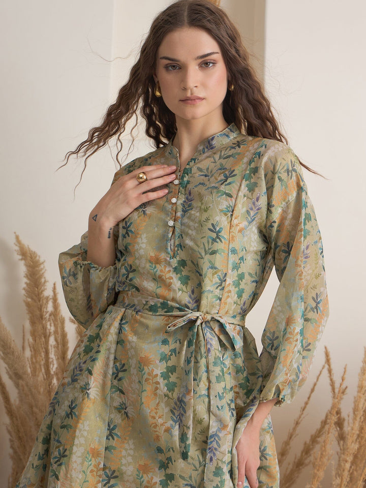Green Floral Printed Round Neck Dress with inner dress Rangdeep-Fashions 