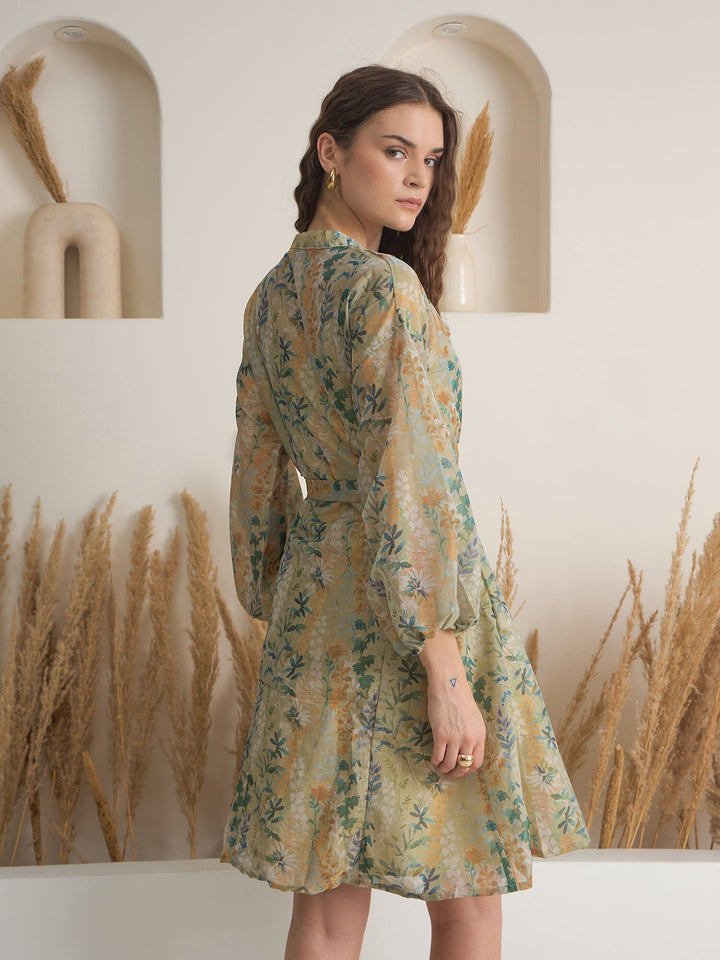 Green Floral Printed Round Neck Dress with inner dress Rangdeep-Fashions 