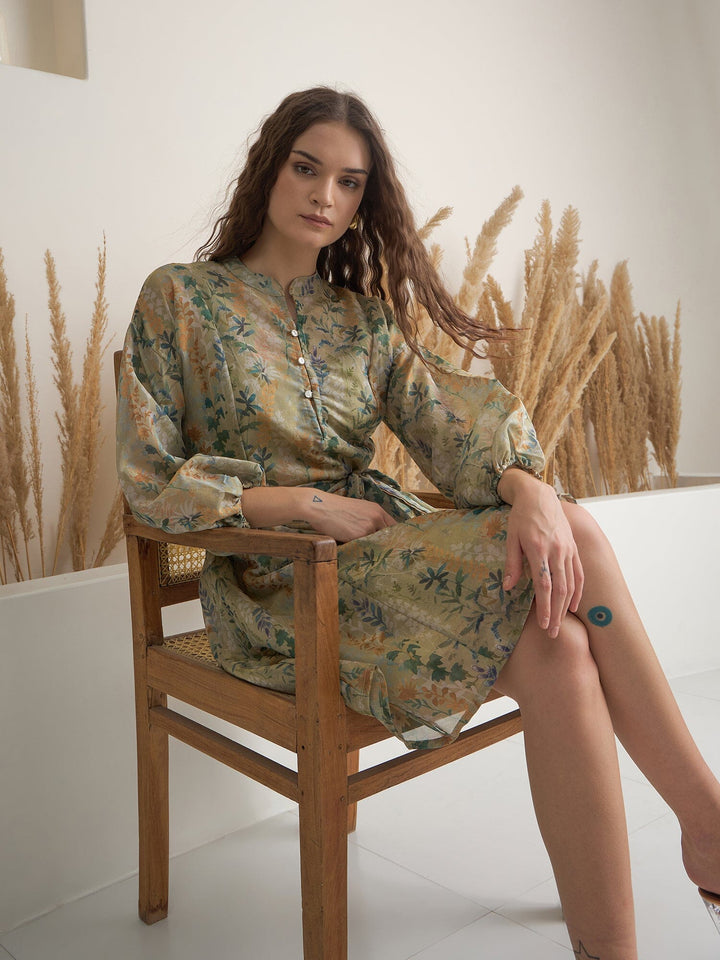 Green Floral Printed Round Neck Dress with inner dress Rangdeep-Fashions 