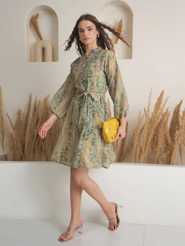 Green Floral Printed Round Neck Dress with inner dress Rangdeep-Fashions 