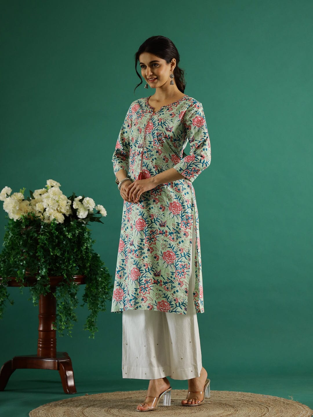 Green Flower Printed Round Neck Cotton Kurta Kurti SANSKRUTI HOMES 