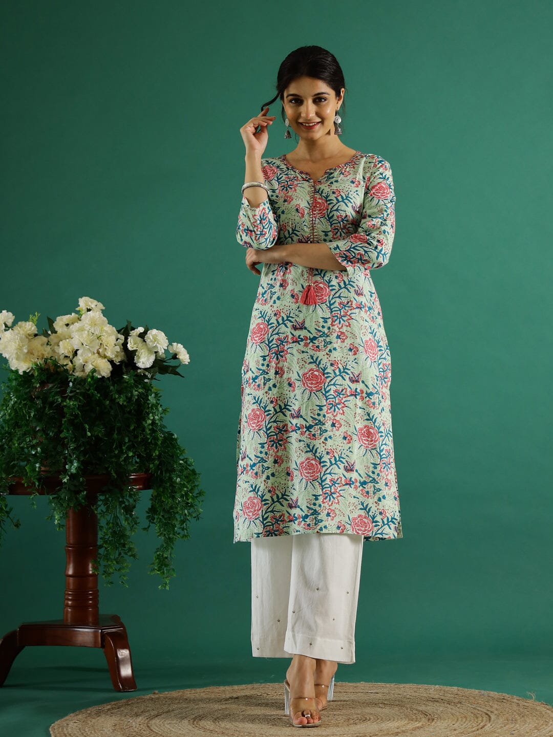 Green Flower Printed Round Neck Cotton Kurta Kurti SANSKRUTI HOMES 