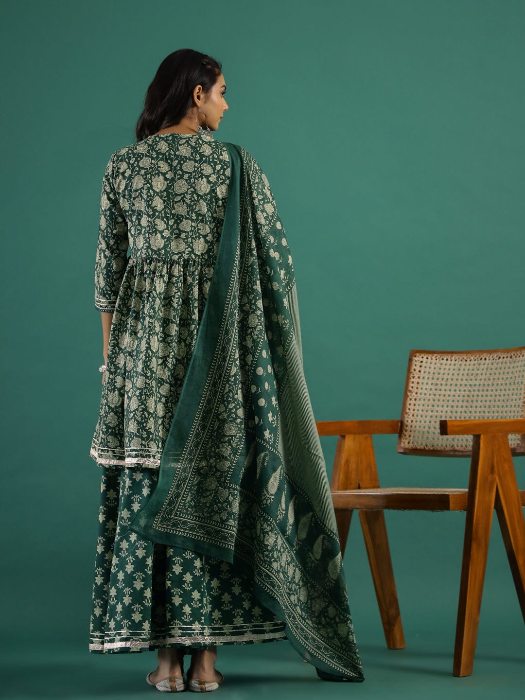 Green Flower Printed V-Neck Kurta Set Kurta set Rangdeep-Fashions 