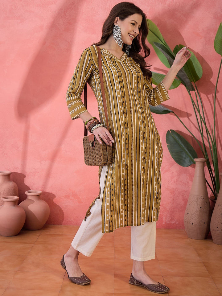 Green Geometric Print Cotton Kurat Kurta Rangdeep-Fashions 