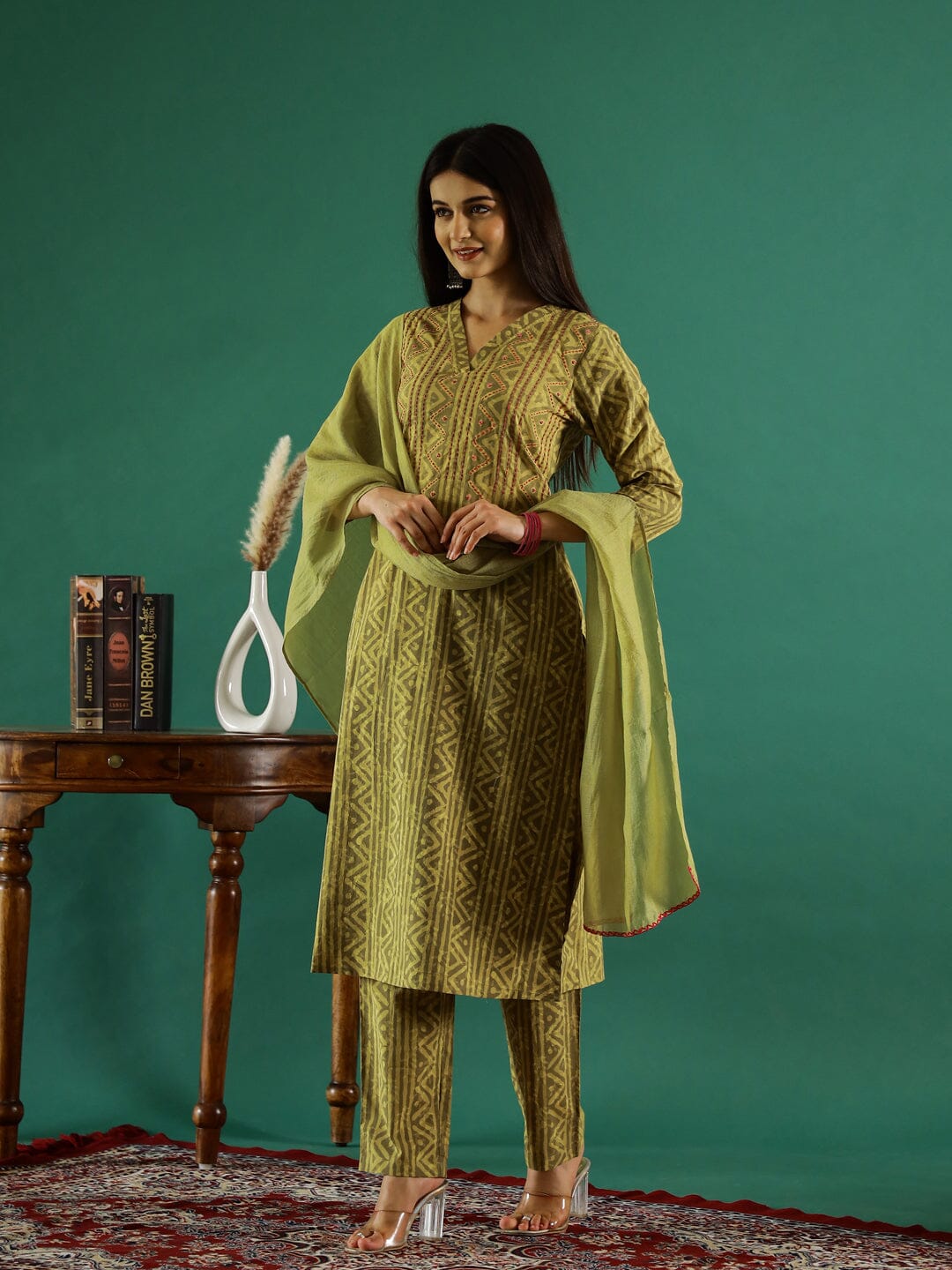 Green Geometric Print Kurta Set Kurta set Rangdeep-Fashions 