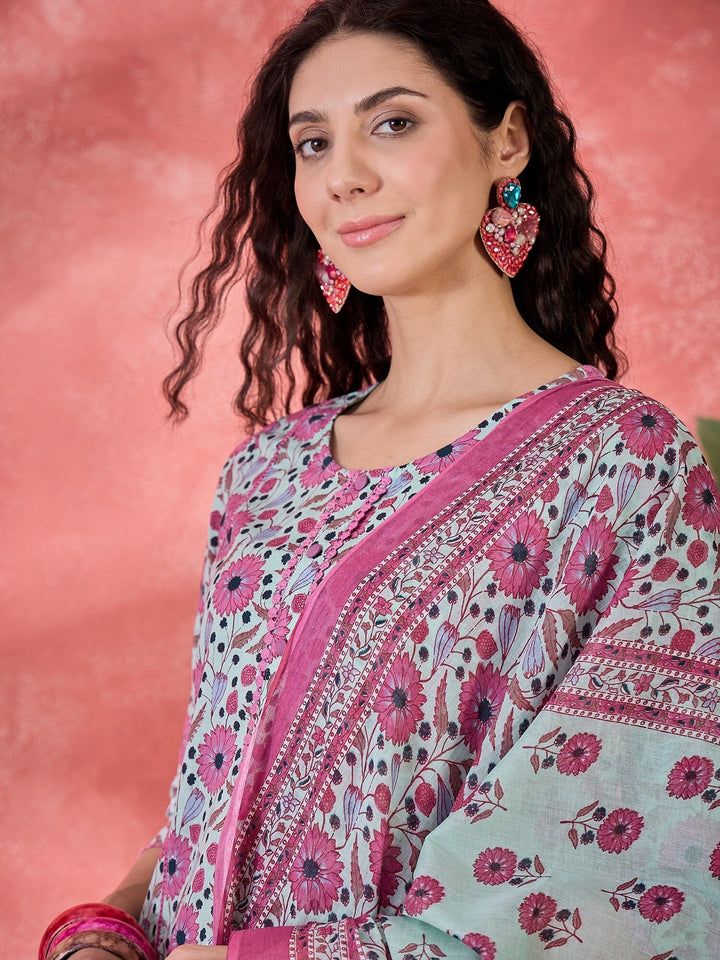 Green Pure Cotton Calf Length Round Neck Kurta set for Women Kurta set Rangdeep 