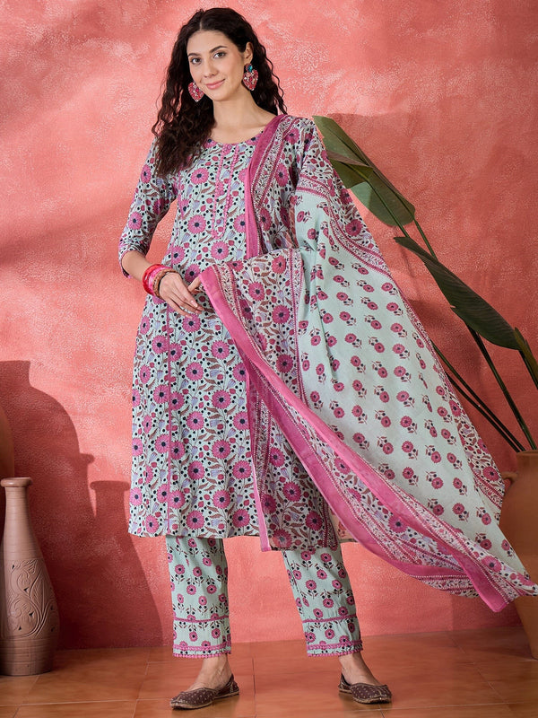 Green Pure Cotton Calf Length Round Neck Kurta set for Women Kurta set Rangdeep 