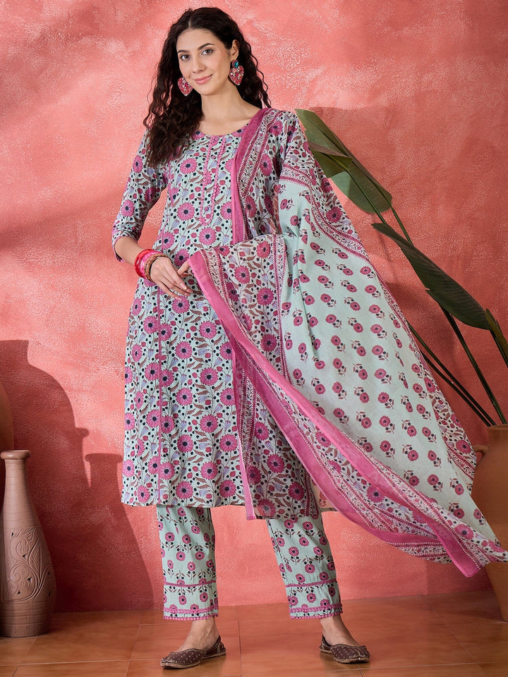Green Pure Cotton Calf Length Round Neck Kurta set for Women Kurta set Rangdeep 