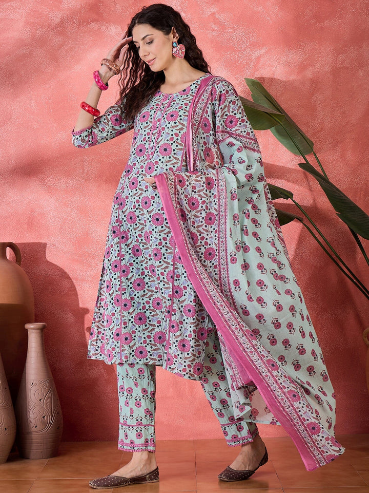 Green Pure Cotton Calf Length Round Neck Kurta set for Women Kurta set Rangdeep 