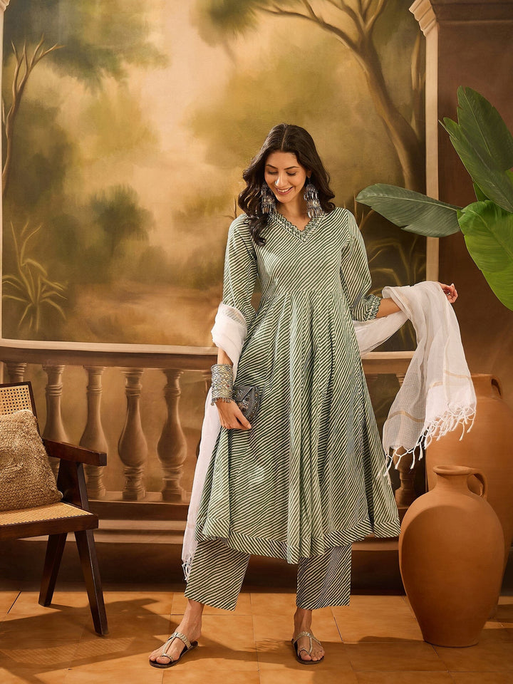 Green Pure Cotton V-Neck Kurta Set For Women Kurta set Rangdeep-Fashions 