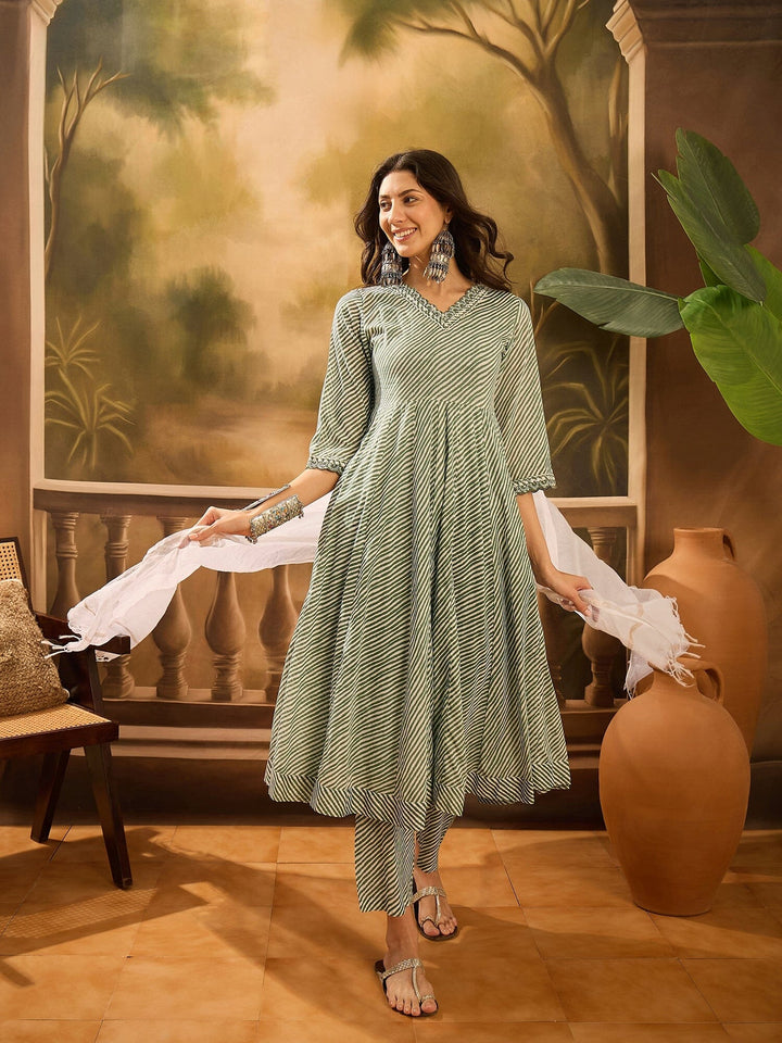 Green Pure Cotton V-Neck Kurta Set For Women Kurta set Rangdeep-Fashions 