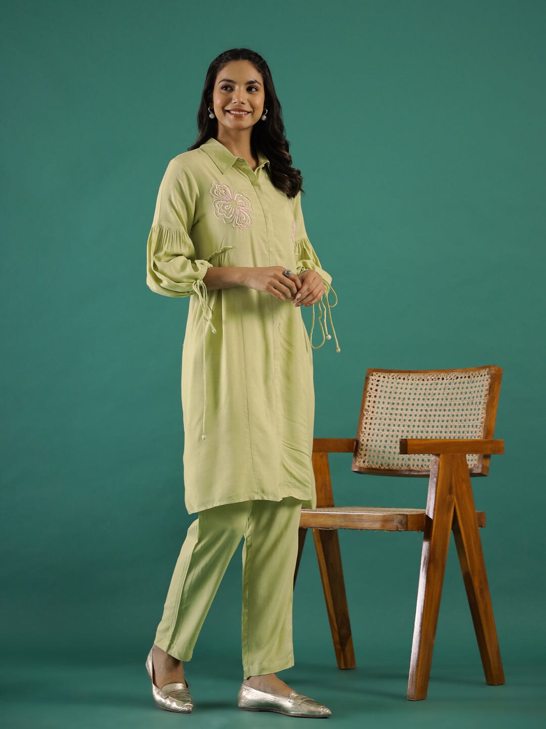 Green Solid Print Embroidered Kurta Set Kurta set Rangdeep-Fashions 