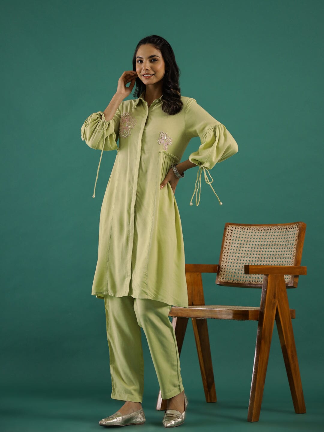 Green Solid Print Embroidered Kurta Set Kurta set Rangdeep-Fashions 