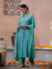 Green V-Neck Solid Print Kurta set Kurta set Rangdeep-Fashions 