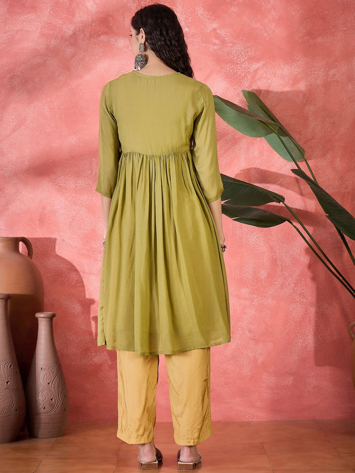 Green Viscose Calf Length V-Neck Kurta set for Women Kurta set Rangdeep 