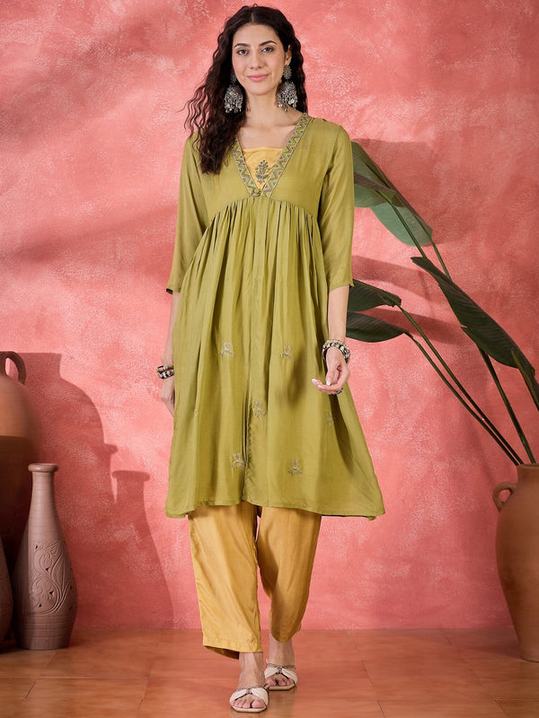 Green Viscose Calf Length V-Neck Kurta set for Women Kurta set Rangdeep 