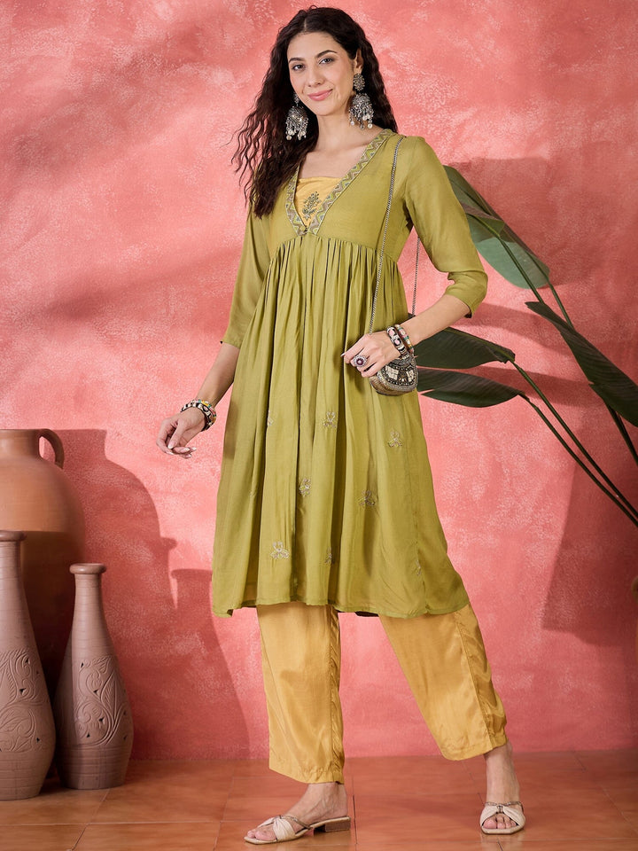 Green Viscose Calf Length V-Neck Kurta set for Women Kurta set Rangdeep 