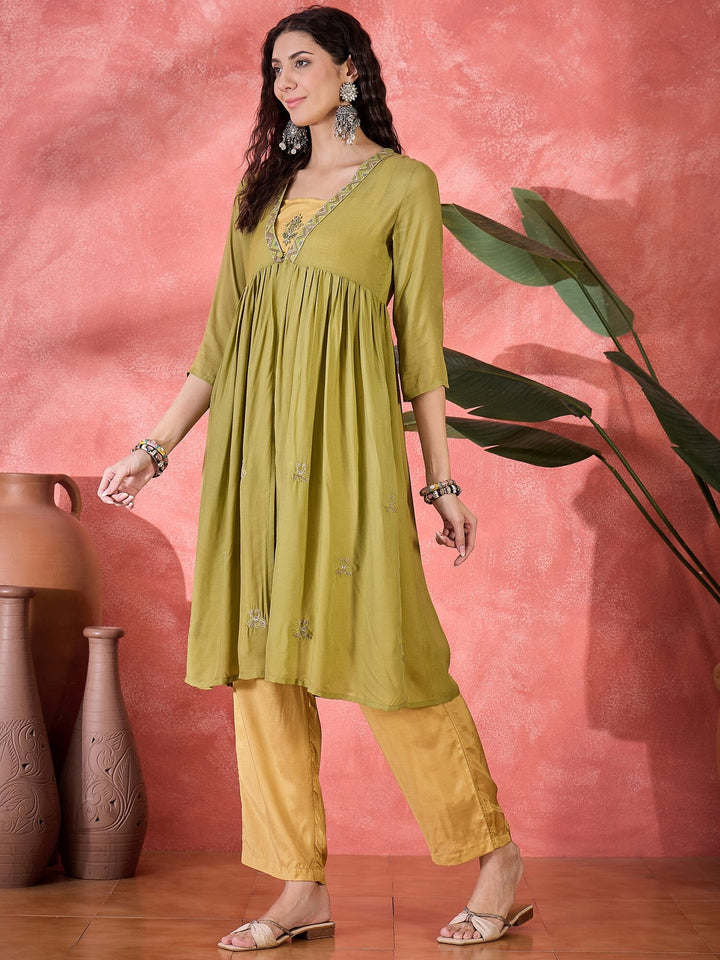 Green Viscose Calf Length V-Neck Kurta set for Women Kurta set Rangdeep 