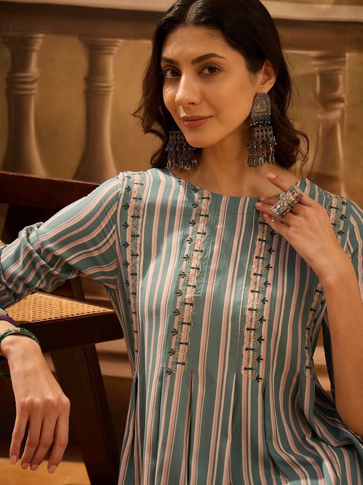 Green Viscose Rayon Round Neck Kurta Set For Women Kurta set Rangdeep-Fashions 