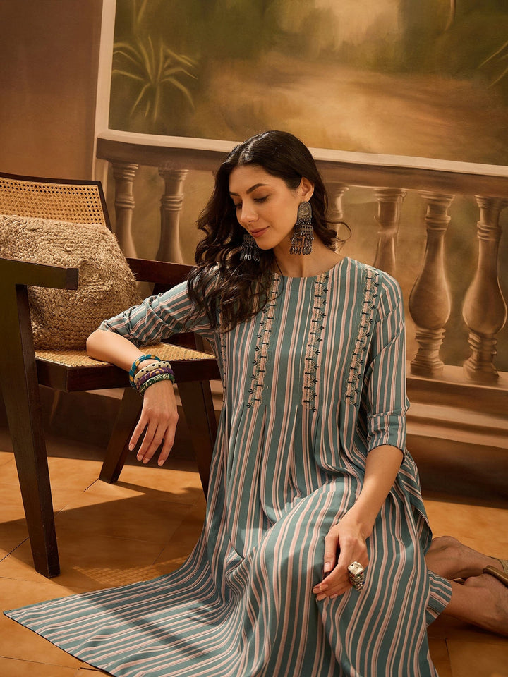 Green Viscose Rayon Round Neck Kurta Set For Women Kurta set Rangdeep-Fashions 