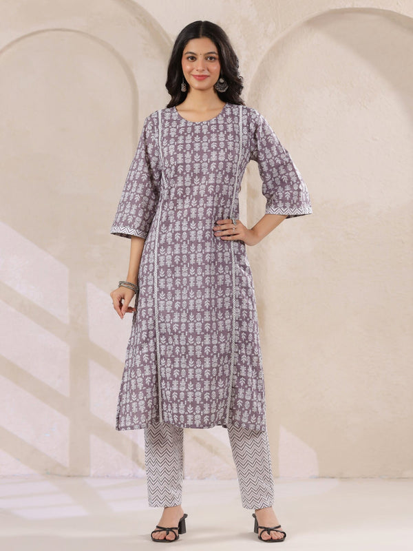 Grey Flower Printed Round Neck Cotton Kurta Set With Dupatta Kurta set Rangdeep-Fashions 