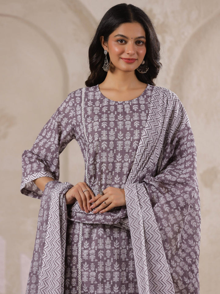Grey Flower Printed Round Neck Cotton Kurta Set With Dupatta Kurta set Rangdeep-Fashions 