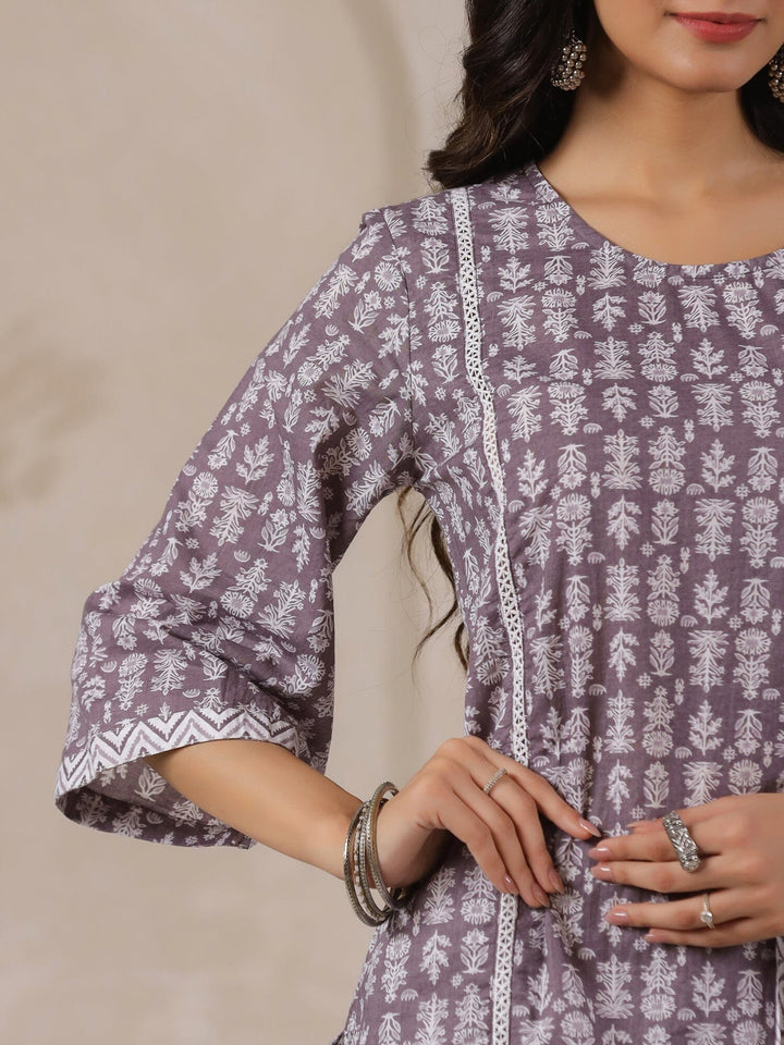 Grey Flower Printed Round Neck Cotton Kurta Set With Dupatta Kurta set Rangdeep-Fashions 