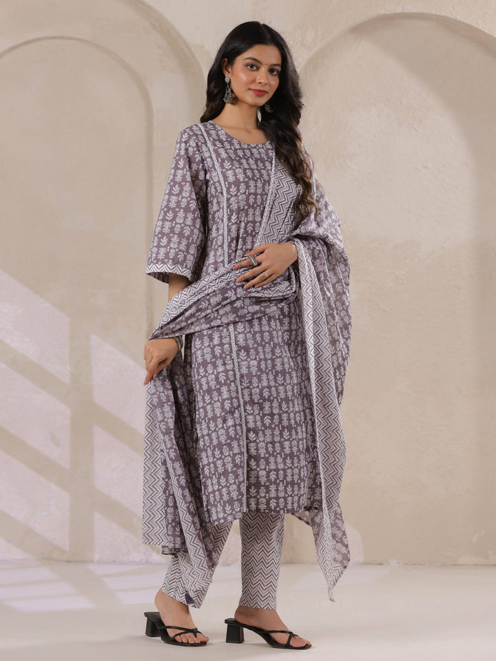 Grey Flower Printed Round Neck Cotton Kurta Set With Dupatta Kurta set Rangdeep-Fashions 