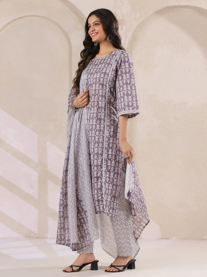 Grey Flower Printed Round Neck Cotton Kurta Set With Dupatta Kurta set Rangdeep-Fashions 