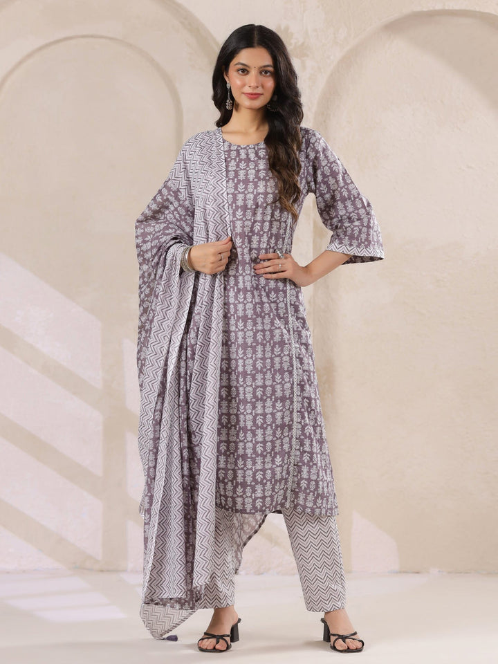 Grey Flower Printed Round Neck Cotton Kurta Set With Dupatta Kurta set Rangdeep-Fashions 