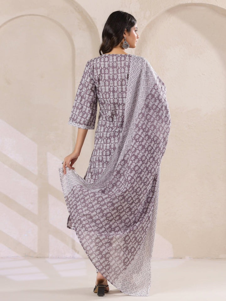 Grey Flower Printed Round Neck Cotton Kurta Set With Dupatta Kurta set Rangdeep-Fashions 