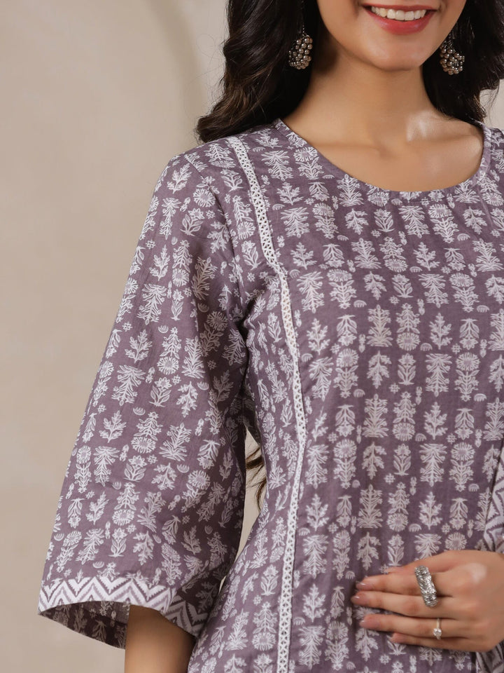 Grey Flower Printed Round Neck Cotton Kurta Set With Dupatta Kurta set Rangdeep-Fashions 