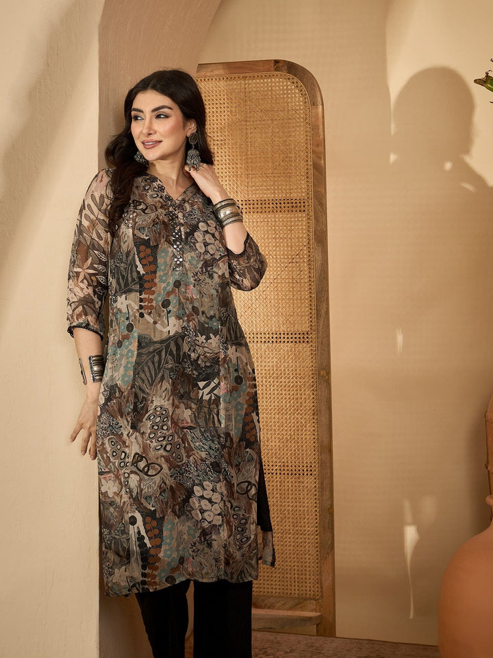 Grey Printed Mandarin Collar Pure Cotton Kurta Set for Women Kurta set Rangdeep-Fashions 