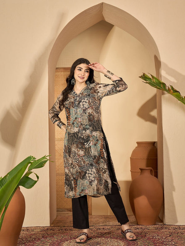 Grey Printed Mandarin Collar Pure Cotton Kurta Set for Women Kurta set Rangdeep-Fashions 