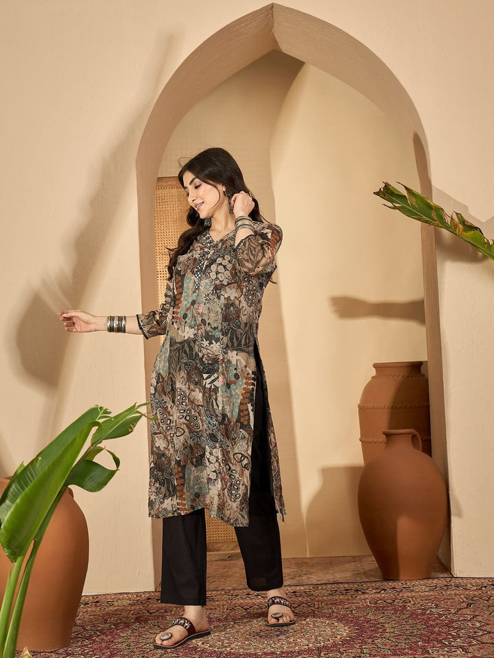Grey Printed Mandarin Collar Pure Cotton Kurta Set for Women Kurta set Rangdeep-Fashions 