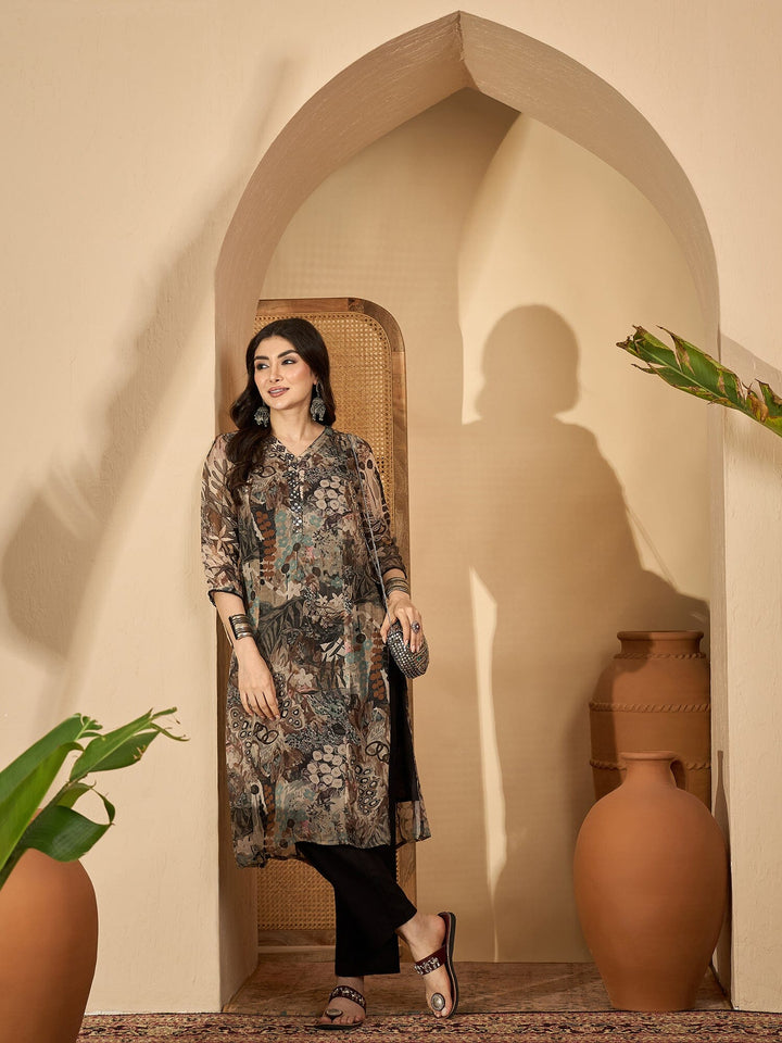 Grey Printed Mandarin Collar Pure Cotton Kurta Set for Women Kurta set Rangdeep-Fashions 
